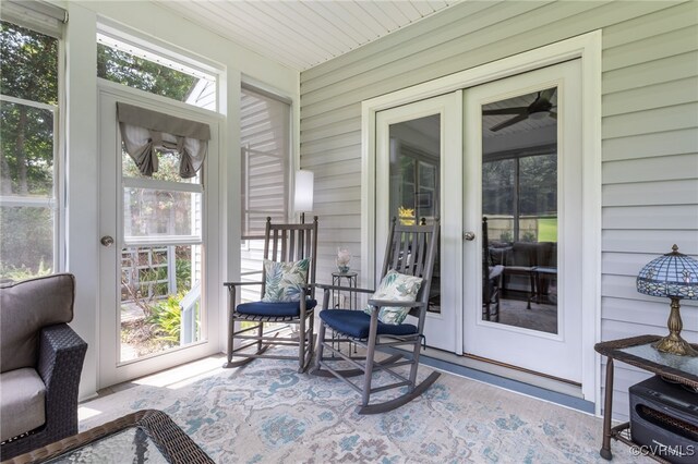 1638 Olde Links Dr, Powhatan, VA 23139 - sunroom / solarium with french doors, wooden walls, and ceiling fan