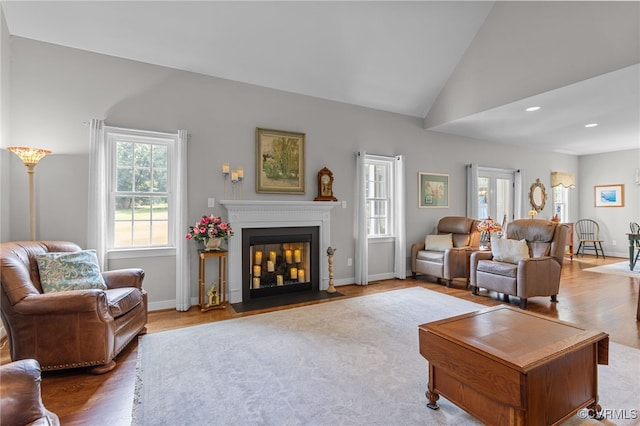 1638 Olde Links Dr, Powhatan, VA 23139 - living room featuring plenty of natural light, a fireplace with flush hearth, lofted ceiling, wood finished floors, and recessed lighting