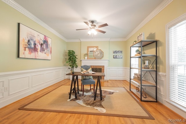 10801 Cherry Hill Dr, Glen Allen, VA 23059 - home office featuring ceiling fan, a brick fireplace, ornamental molding, wood finished floors, and a decorative wall