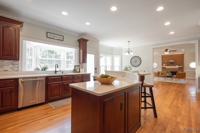 10801 Cherry Hill Dr, Glen Allen, VA 23059 - kitchen with stainless steel dishwasher, recessed lighting, a kitchen island, light countertops, and a ceiling fan