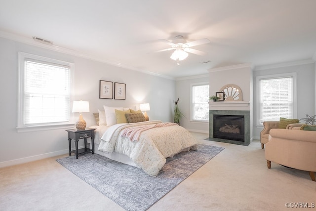 10801 Cherry Hill Dr, Glen Allen, VA 23059 - carpeted bedroom with ornamental molding, a fireplace with flush hearth, and a ceiling fan