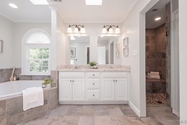 10801 Cherry Hill Dr, Glen Allen, VA 23059 - full bath featuring crown molding, double vanity, a shower stall, a bath, and recessed lighting
