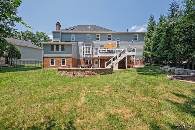 10801 Cherry Hill Dr, Glen Allen, VA 23059 - back of house with stairs, a wooden deck, a chimney, a fenced backyard, and a patio