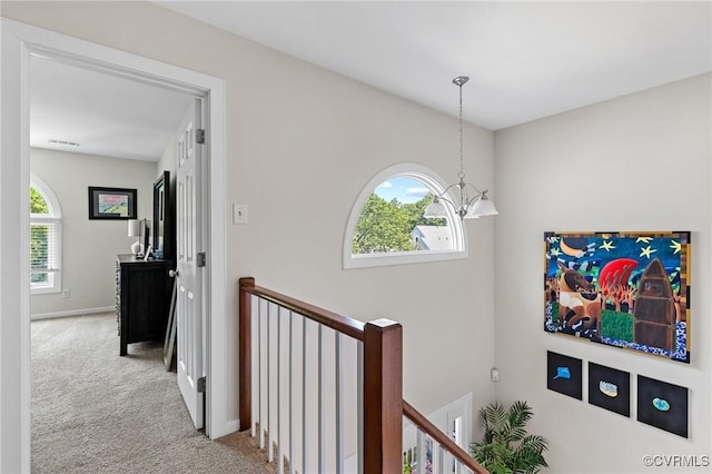 14715 Boyces Cove Dr, Midlothian, VA 23112 - corridor with an upstairs landing, carpet flooring, and a chandelier