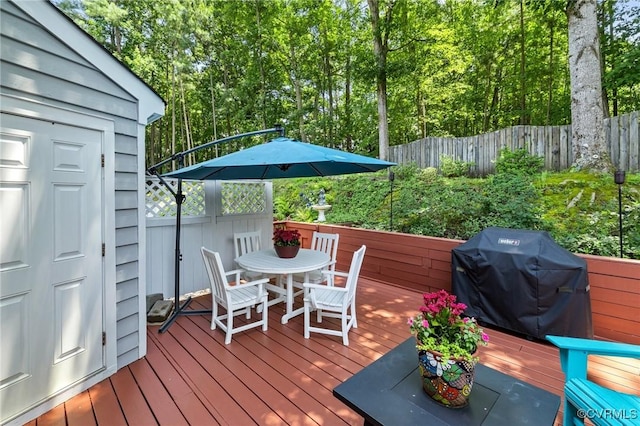 14715 Boyces Cove Dr, Midlothian, VA 23112 - wooden deck with grilling area, outdoor dining space, and a fenced backyard