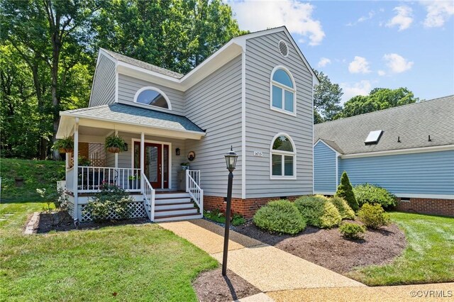 14715 Boyces Cove Dr, Midlothian, VA 23112 - traditional-style house with covered porch, a front lawn, roof with shingles, and crawl space