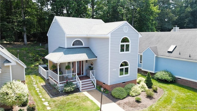 14715 Boyces Cove Dr, Midlothian, VA 23112 - view of front of home with covered porch, crawl space, roof with shingles, and a front lawn