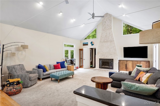 10598 Lambeth Rd, Glen Allen, VA 23060 - living room with high vaulted ceiling, a ceiling fan, and a large fireplace
