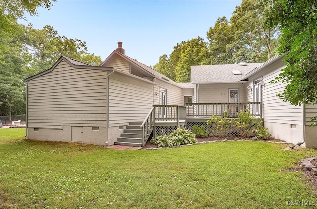 10598 Lambeth Rd, Glen Allen, VA 23060 - rear view of property featuring crawl space, a wooden deck, a lawn, and a chimney