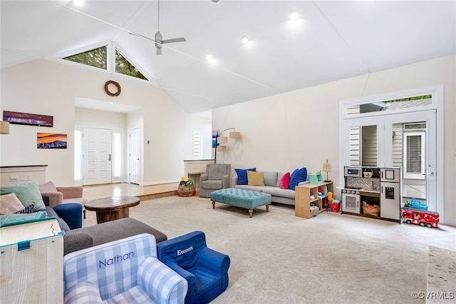 10598 Lambeth Rd, Glen Allen, VA 23060 - living room featuring high vaulted ceiling, a ceiling fan, and carpet floors