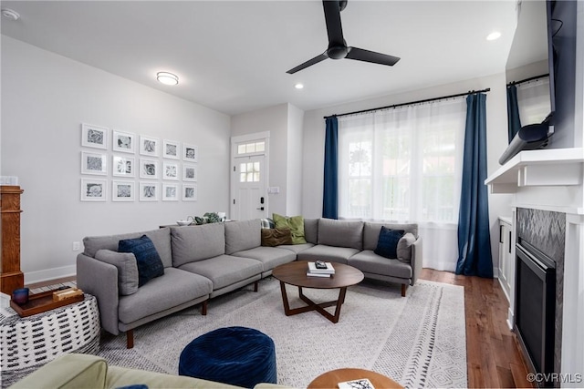 2114 N Ave, Richmond, VA 23222 - living room featuring a fireplace, a ceiling fan, wood finished floors, and recessed lighting
