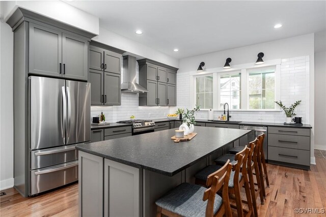 2114 N Ave, Richmond, VA 23222 - kitchen with stainless steel appliances, wall chimney exhaust hood, dark countertops, gray cabinetry, and recessed lighting