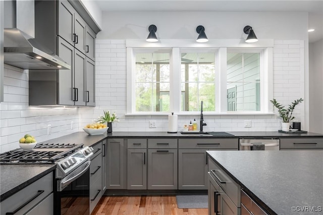 2114 N Ave, Richmond, VA 23222 - kitchen featuring wall chimney range hood, stainless steel appliances, gray cabinetry, dark countertops, and backsplash