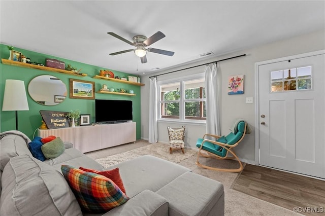 520 Monte Verde Rd, Center Cross, VA 22437 - living room featuring a ceiling fan and wood finished floors