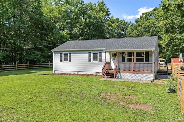 520 Monte Verde Rd, Center Cross, VA 22437 - view of front of house with crawl space, a shingled roof, a porch, a deck, and view of wooded area