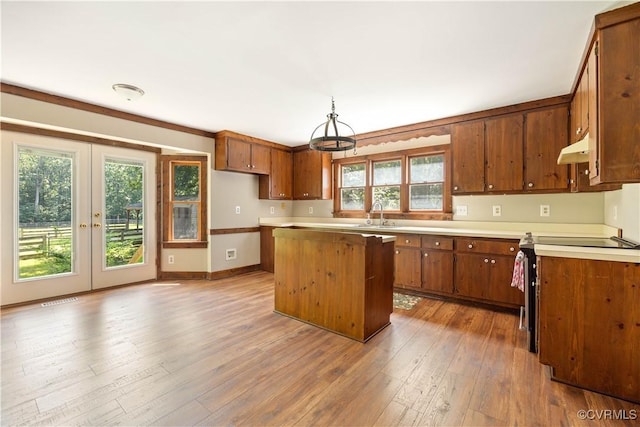 3180 Judes Ferry Rd, Powhatan, VA 23139 - kitchen featuring brown cabinets, light countertops, hardwood / wood-style floors, and under cabinet range hood