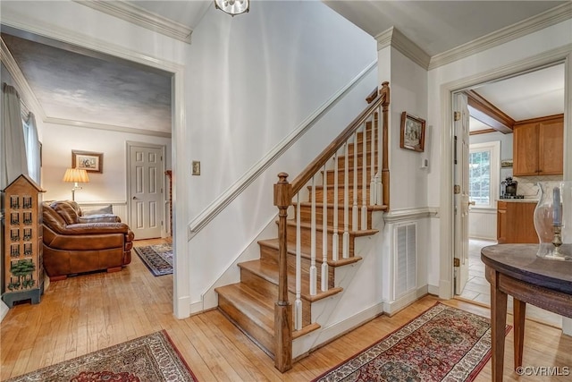10903 Gayton Rd, Henrico, VA 23238 - staircase with wood-type flooring and crown molding