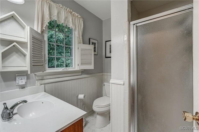 10903 Gayton Rd, Henrico, VA 23238 - bathroom featuring wainscoting, a shower stall, vanity, and marble finish floors