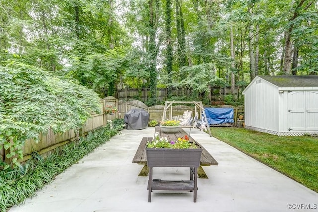 10903 Gayton Rd, Henrico, VA 23238 - view of patio with a storage shed and a grill