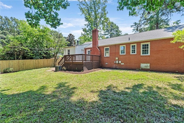 1908 Windsordale Dr, Henrico, VA 23229 - rear view of property with a deck, a chimney, brick siding, a shingled roof, and crawl space