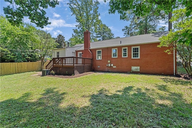 1908 Windsordale Dr, Henrico, VA 23229 - back of property featuring a wooden deck, a chimney, crawl space, and brick siding