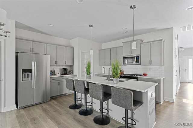 7001 Leire Ln, Chesterfield, VA 23832 - kitchen featuring appliances with stainless steel finishes, gray cabinets, backsplash, light countertops, and recessed lighting