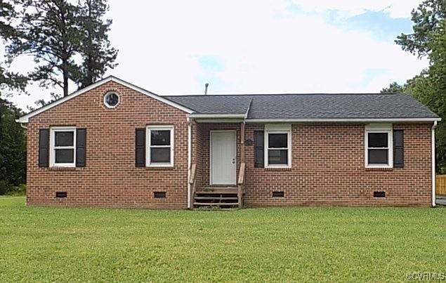 25504 Walkers Landing Ct, North Dinwiddie, VA 23803 - view of front of home with crawl space, a front lawn, and brick siding