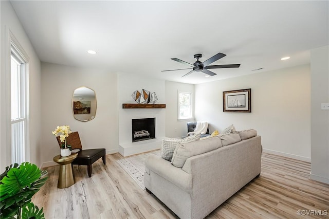 4300 N Courthouse Rd, Providence Forge, VA 23140 - living area featuring a ceiling fan, a fireplace with raised hearth, light wood finished floors, and recessed lighting
