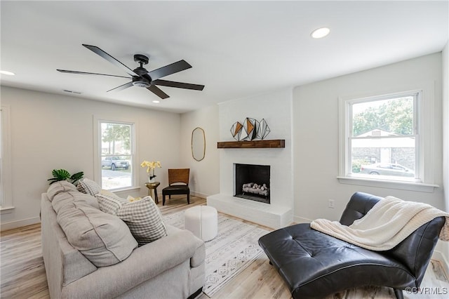 4300 N Courthouse Rd, Providence Forge, VA 23140 - living room featuring a ceiling fan, light wood-type flooring, recessed lighting, and a fireplace