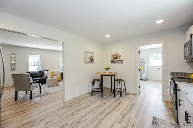 4300 N Courthouse Rd, Providence Forge, VA 23140 - kitchen with stainless steel appliances, electric water heater, light wood-type flooring, recessed lighting, and light stone counters