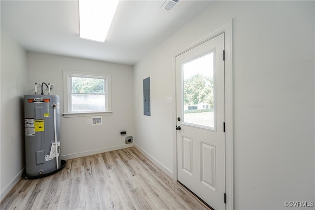 4300 N Courthouse Rd, Providence Forge, VA 23140 - laundry area featuring electric water heater, electric panel, hookup for a washing machine, hookup for an electric dryer, and light wood-style floors