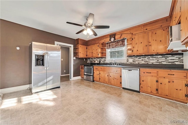 4305 Lakeview Rd, South Chesterfield, VA 23803 - kitchen featuring appliances with stainless steel finishes, open shelves, dark countertops, a ceiling fan, and backsplash