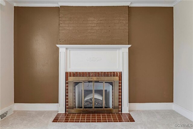 4305 Lakeview Rd, South Chesterfield, VA 23803 - detailed view of a fireplace, carpet floors, and crown molding