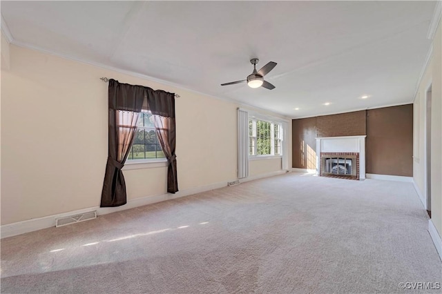 4305 Lakeview Rd, South Chesterfield, VA 23803 - unfurnished living room featuring crown molding, carpet flooring, a fireplace, ceiling fan, and recessed lighting