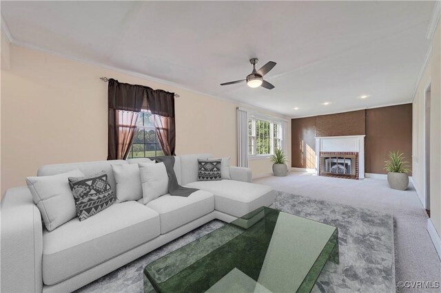 4305 Lakeview Rd, South Chesterfield, VA 23803 - carpeted living room featuring ornamental molding, ceiling fan, a brick fireplace, and recessed lighting