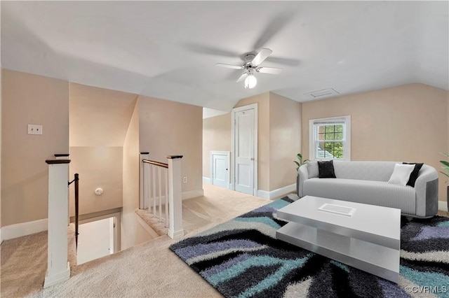4305 Lakeview Rd, South Chesterfield, VA 23803 - living area with lofted ceiling, carpet, and a ceiling fan