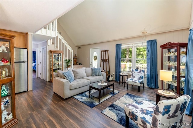 844 Rocky Point Lndg, Cobbs Creek, VA 23035 - living room featuring dark wood-style floors and high vaulted ceiling