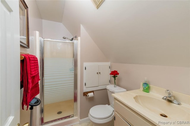 844 Rocky Point Lndg, Cobbs Creek, VA 23035 - full bathroom featuring lofted ceiling, a stall shower, and vanity