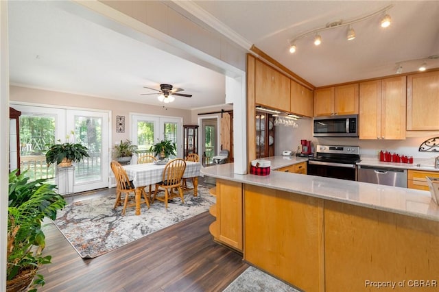 844 Rocky Point Lndg, Cobbs Creek, VA 23035 - kitchen with stainless steel appliances, dark wood-style floors, light stone counters, ceiling fan, and a peninsula