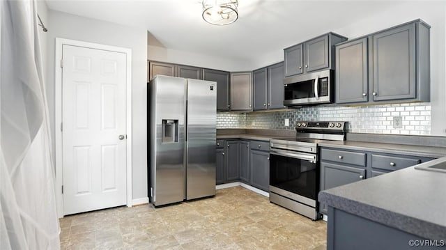 566 Abbey Village Cir, Midlothian, VA 23114 - kitchen with stainless steel appliances, decorative backsplash, gray cabinetry, and dark countertops