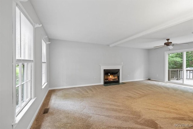12628 Copperas Ln, Richmond, VA 23233 - unfurnished living room with carpet flooring, a fireplace with flush hearth, and ceiling fan