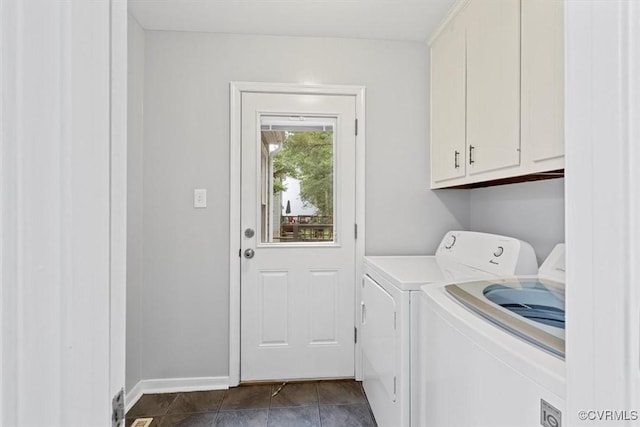 12628 Copperas Ln, Richmond, VA 23233 - laundry room with cabinet space, washer and dryer, and dark tile patterned floors