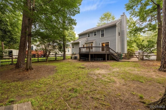 12628 Copperas Ln, Richmond, VA 23233 - rear view of house with a deck, a chimney, a fenced backyard, and stairs