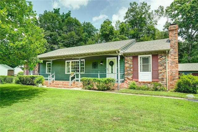 10070 Rinker Dr, Mechanicsville, VA 23116 - ranch-style house with a porch, a front yard, a chimney, a shingled roof, and brick siding