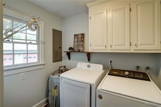 10070 Rinker Dr, Mechanicsville, VA 23116 - laundry room featuring washing machine and dryer, electric panel, cabinet space, and water heater