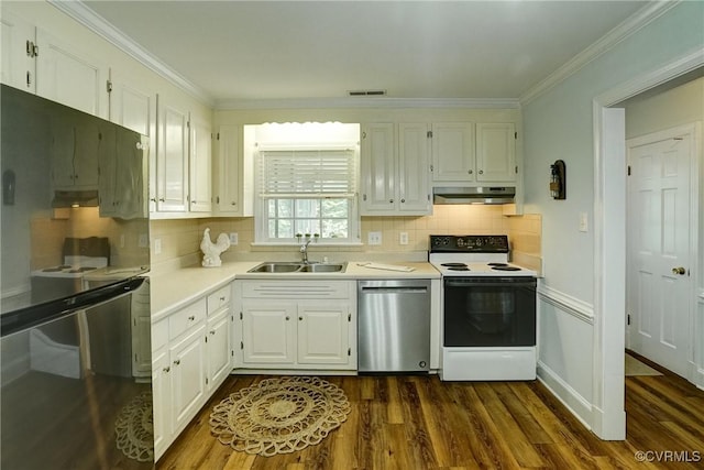 10070 Rinker Dr, Mechanicsville, VA 23116 - kitchen with dishwasher, white electric range, under cabinet range hood, dark wood-style flooring, and crown molding
