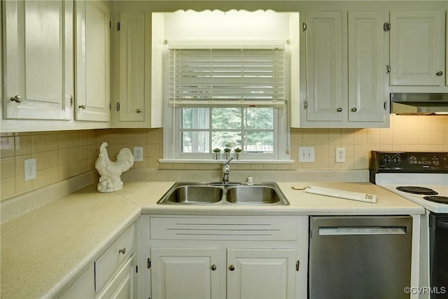 10070 Rinker Dr, Mechanicsville, VA 23116 - kitchen with stainless steel dishwasher, white range with electric stovetop, exhaust hood, white cabinetry, and light countertops