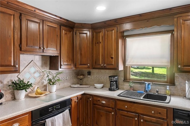 124 Gammons Vw, Bumpass, VA 23024 - kitchen with black appliances, light countertops, backsplash, and brown cabinets