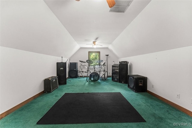 124 Gammons Vw, Bumpass, VA 23024 - exercise area featuring a ceiling fan, carpet floors, and vaulted ceiling