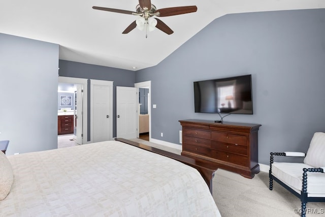 2432 Gammons Creek Dr, Maidens, VA 23102 - bedroom featuring lofted ceiling, connected bathroom, a ceiling fan, and light carpet